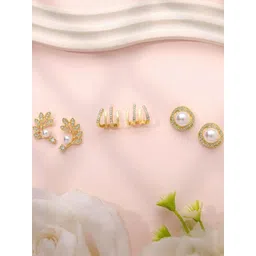 Estailo fashion Set Of 3 Gold-Plated Artificial Stones Studded & Beaded Leaf Shaped Studs-picture-10