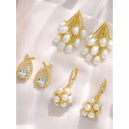 Estailo fashion Set Of 3 Gold-Plated Artificial Stones Studded & Beaded Teardrop Studs-picture-30