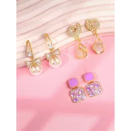 Estailo fashion Set Of 3 Gold-Plated Stones Studded & Beaded Square Drop Earrings-picture-16