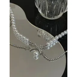 Estailo fashion Silver-Plated Artificial Stones Studded & Pearls Beaded Minimal Necklace-picture-27