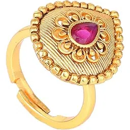 estele Fashion Jewellery Finger Rings for Women Gold Plated Traditional Drop Designer Matte Finish Adjustable Finger Ring with Ruby Crystals for Women-AD-146-IGRB RING-picture-16