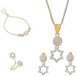 estele Gehena Fashion Jewelry Combo of Pendant Set with Earrings, Bracelet & Ring for Women-Gold & Rhodium Plated Trendy & Exquisite American Diamond Combo of Necklace/Jewelry Set for Girls & Women-picture-12