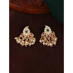 Estele Gold-Plated CZ Alluring Design Pearls Drop Earrings-picture-30