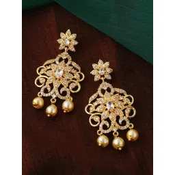 Estele Gold-Plated CZ Charming Pearl & White Crystals Dangler Earrings-picture-37
