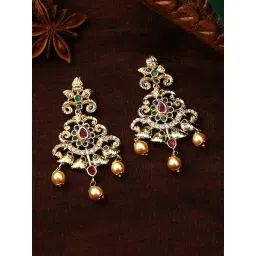 Estele Gold-Plated CZ Swirling Symphony Pearl & Crystals Dangler Earrings-picture-15