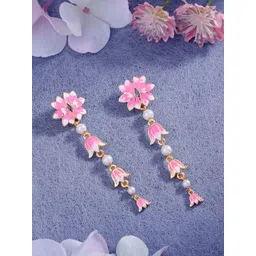 Estele Gold-Plated Floral Enamelled Pearls Drop Earrings-picture-26