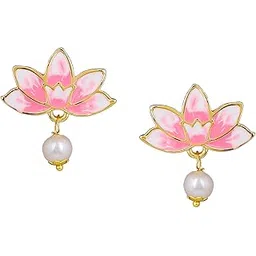 estele Jewellery Fashion Earrings for Women Gold Plated Lotus Designer Elegant Pink and White Enamel Pearl Drop Earrings Versatile Chic for Women & Girls-picture-10
