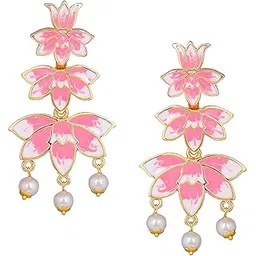 estele Jewellery Fashion Earrings for Women Gold Plated Splendid Lotus Designer Pink and White Enamel Pearl Drop Earrings Versatile Chic for Women & Girls-picture-16