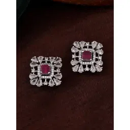 Estele Rhodium-Plated CZ Dazzling Square Design Stud Earrings-picture-32