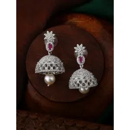 Estele Rhodium-Plated CZ Design Jaliwala Pearl & Crystals Jhumki Earrings-picture-28