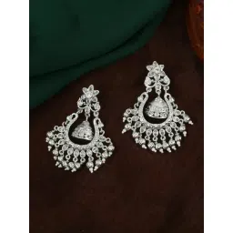 Estele Rhodium-Plated CZ Floral Design Dangler Earrings-picture-14