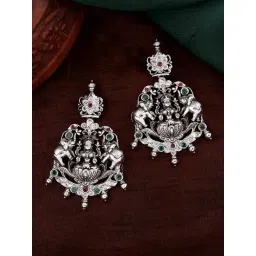 Estele Rhodium-Plated CZ Lakshmi Devi Elephants Design Dangler Earrings-picture-40