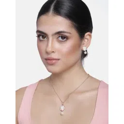 Estele Rose Gold-Plated Floral-Shaped Pearl Drop Pendant Set with White & Pink Enamel for Women-picture-35