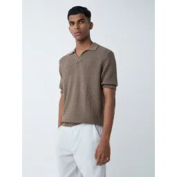 ETA by Westside Brown Knit-Textured Relaxed-Fit Cotton Polo T-Shirt-picture-46