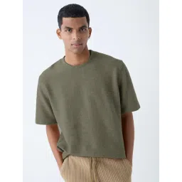 ETA by Westside Olive Self-Textured Relaxed-Fit Cotton-Blend T-Shirt-picture-15