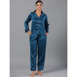 ETC  Teal Lapel Collar Long Sleeves Night suit image 1