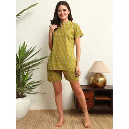 ETC Women Floral Printed Mandarin Collar Pure Cotton Night Suit-picture-38