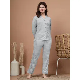 ETC Women Striped Lapel Collar Shirt & Pyjama Night suit-picture-34