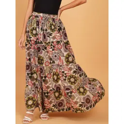 Ethic Glance Women Beige Ethnic Motifs Pure Cotton Printed Tiered Maxi Skirt-picture-22