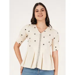 Ethic Glance Women Floral Embroidered Pleated Pure Cotton Peplum Top-picture-16