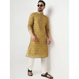 Ethnicity Geometric Printed Embroidered Mirror Work Pure Silk Kurta With Pyjamas-picture-16