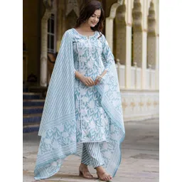 EthniFlair Women Floral Embroidered Regular Aari Work Pure Cotton Kurta with Pyjamas & With Dupatta-picture-17