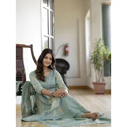 EthniFlair Women Floral Printed Panelled Aari Work Pure Cotton Kurta with Trousers & With Dupatta-picture-37