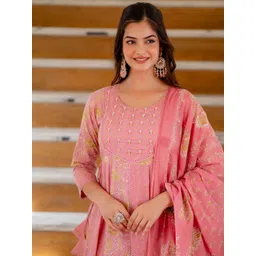 EthniFlair Women Floral Printed Panelled Aari Work Pure Cotton Kurta with Trousers & With Dupatta-picture-33