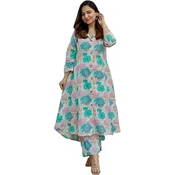 EthnoGlam’s Blue and Green Cotton Co-ord Calf-length Gown and Pant Set: Abstract Ethnic Motif Print, V-Neck, 3/4th Sleeves, Regular Fit || Coord set for Women and teenage girls-picture-33