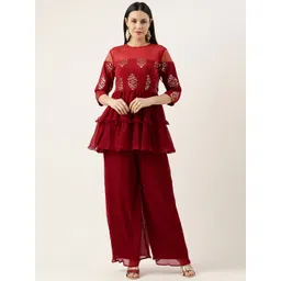 Ethnovog Ethnic Motifs Embroidered Tiered Sequinned Top With Palazzos-picture-25