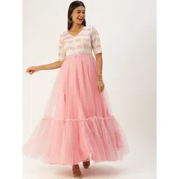 Ethnovog Off-White Peach-Coloured Net Made to Measure Flounce Hem Gown-picture-35