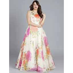 Ethnovog Off-White Printed Boat Neck Custom Designed Made to Measure Cocktail Gown-picture-14