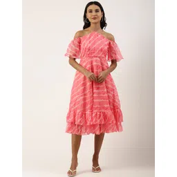 Ethnovog Pink White Striped Halter Neck A-Line Midi Dress-picture-38