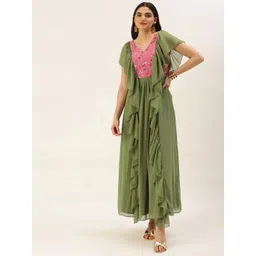 Ethnovog Ready To Wear Green N Rouge Pink Chinon Ruffles Gown-picture-41