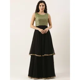 Ethnovog Women Black  Green Embroidered Layered Georgette A-Line Maxi Dress-picture-19