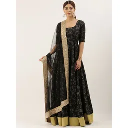 Ethnovog Women Black Printed Made To Measure Kurta with Trousers Dupatta-picture-14