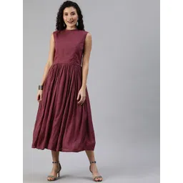 Ethnovog Women Burgundy Solid Made to Measure A-Line Dress with Gather Details-picture-21