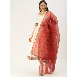 Ethnovog Women Cream- Coloured Red Made to Measure Kurta with Churidar Dupatta-picture-10