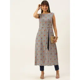 Ethnovog Women Grey  Blue Floral Print Kurti with Trousers-picture-44