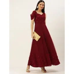 Ethnovog Women Maroon Embellished Georgette A-Line Maxi Made To Measure Dress-picture-41