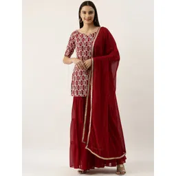 Ethnovog Women Maroon  White Embroidered Made to Measure Kurti with Sharara  Dupatta-picture-31