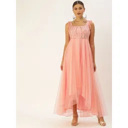 Ethnovog Women Peach-Coloured Made To Measure Embellished Maxi Dress with Gathers-picture-10
