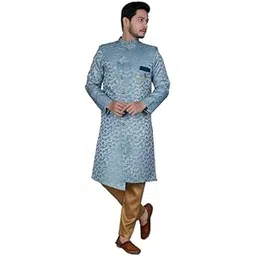 ethzy Men's Sky Jacquard Casual Regular Full Sleeve Indo Western with Dhoti Set - Traditional and Trendy-picture-11