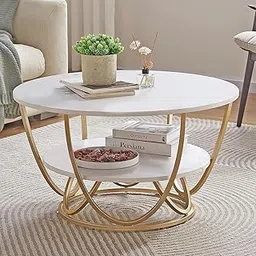 ETIQUETTE ART Modern Faux Marble Top Round 2 Tier Metal Coffee Tables Simple Living Room Table Sets, Sofa Center Table End Tables with Metal Frame Home Decor for Living Room (Gold & White)-image-44
