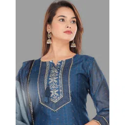 EtnicaWear Women Blue Floral Embroidered Chanderi Cotton Kurta with Pyjamas & With Dupatta image 2