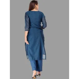 EtnicaWear Women Blue Floral Embroidered Chanderi Cotton Kurta with Pyjamas & With Dupatta image 4