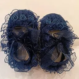 euodoo Elegant Navy Blue Lace Baby Booties Floral Pattern Trim Soft Shoes Bow Detail (SH-FB,Navy Blue)-picture-27