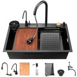 EVANEX 24" x 18" X 9" WATERFALL KITCHEN SINK with ANTI SCRATCH HONEYCOMB DESIGN Integrated Waterfall and Pull-down Faucet Set Counter Top-picture-48