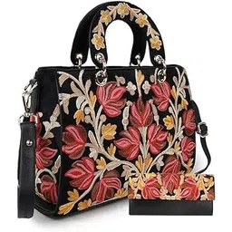 eveda Floral Embroidered Black Handbag with Detachable Strap, 30 cm x 20 cm x 10 cm-picture-35