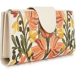eveda Floral Embroidered Wallet for Women, GreenPU Leather with Pink Flowers, Multi Compartment with Magnetic Button (Cream)-picture-11